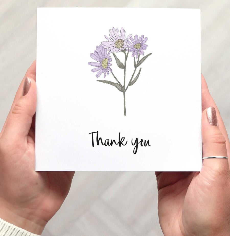 Asters Flowers Thank You Card, Minimalist, elegant and hand illustrated design