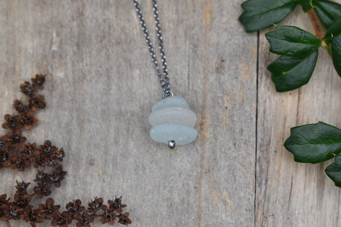 Stacked Sea Glass and Recycled Sterling Silver Necklace, Frosted White