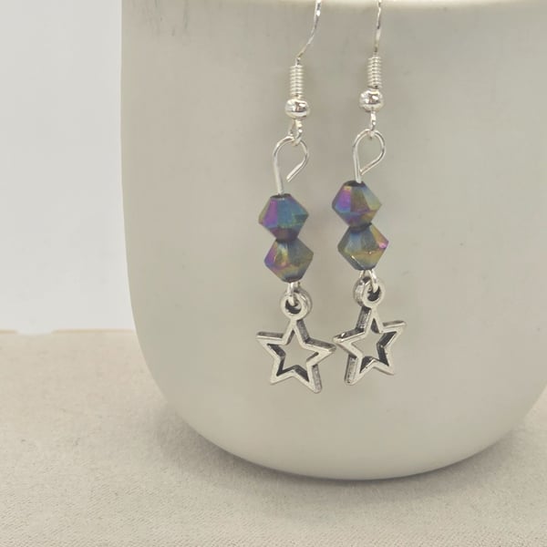 Silver star charm earrings with multi coloured faceted glass beads.
