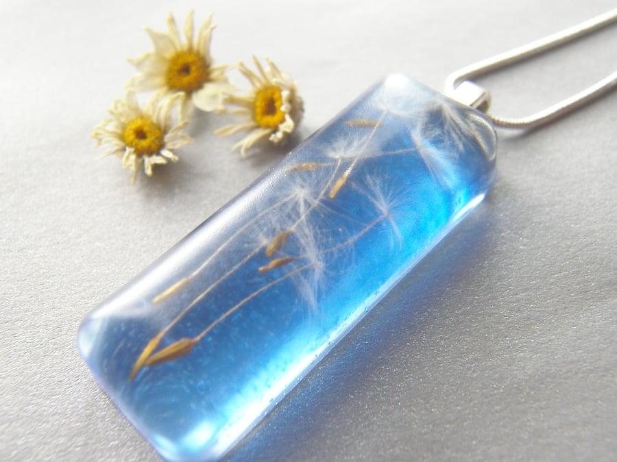 Dandelion Seeds in Blue Resin Necklace Pendant - Nature Specimen - MAKE A WISH