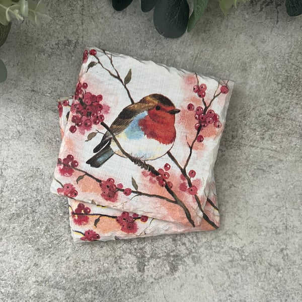 Slate Coasters Set of 2: Decoupage Robin with Blossom - Home Decor, Dining, Gift