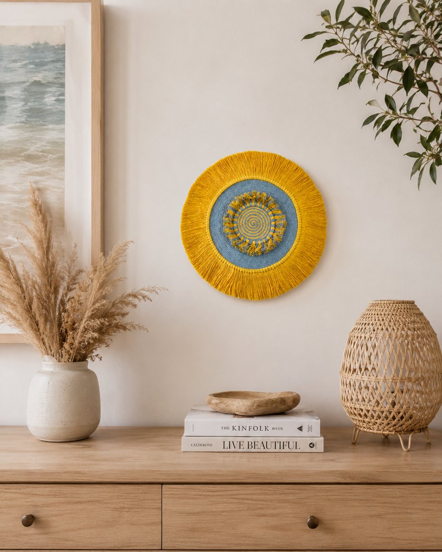 "Inyanga 3" - Yellow & Grey Macrame, Fibre, Mandala, Wall Hanging Art