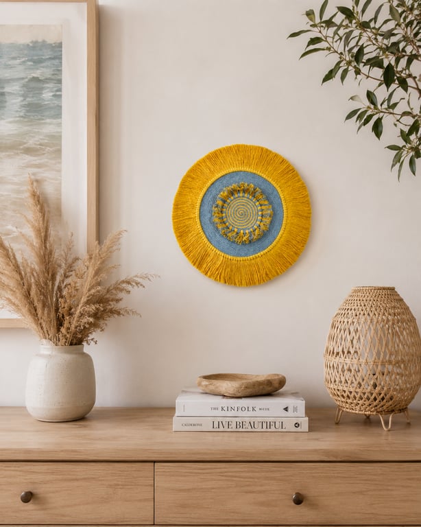 "Inyanga 3" - Yellow & Grey Macrame, Fibre, Mandala, Wall Hanging Art