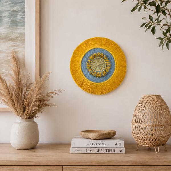 "Inyanga 3" - Yellow & Grey Macrame, Fibre, Mandala, Wall Hanging Art
