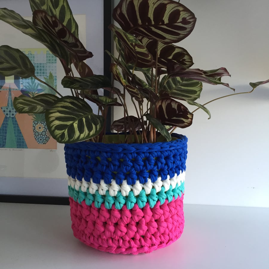 Crochet plant pot cover made with upcycled tshirt yarn - cobalt blue large