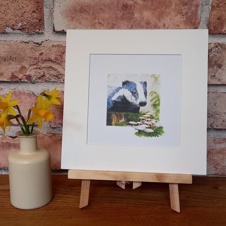 Badger amongst the Mushrooms mounted art print