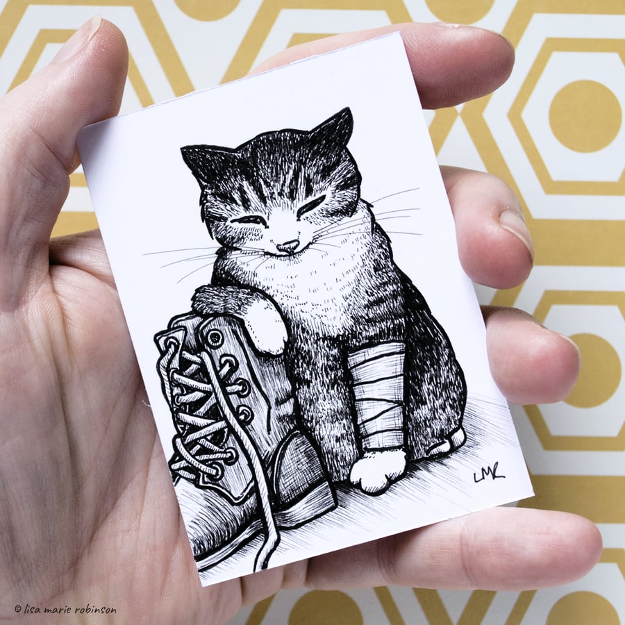 Sad Tabby Cat Bandage Boot - Inktober 2019 - Day 29 - Ink Drawing Pen Art