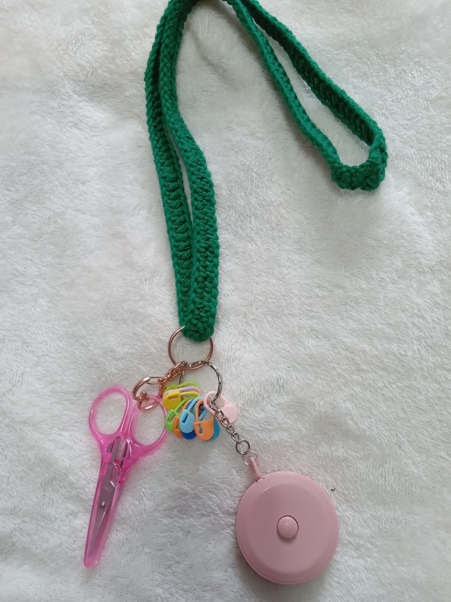 crochet accessories on green crochet lanyard