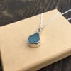 Handmade steel blue sea-glass and silver pendant with silver necklace 