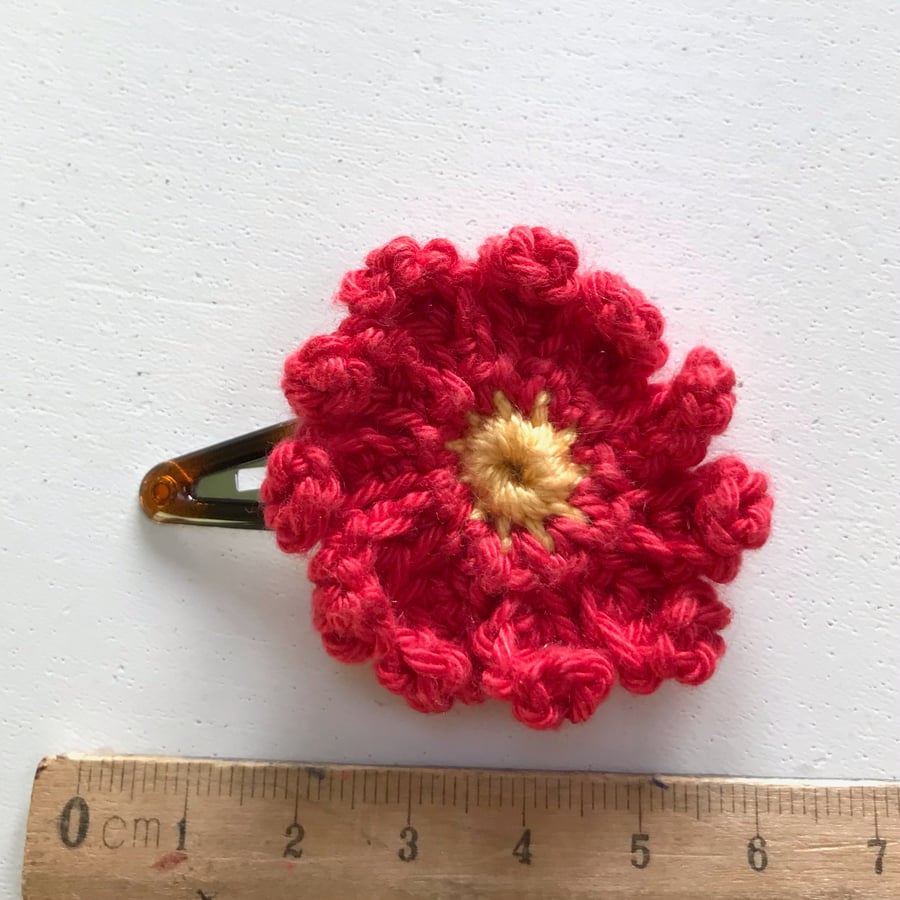 Crocheted Cotton Red Flower Hair Clip