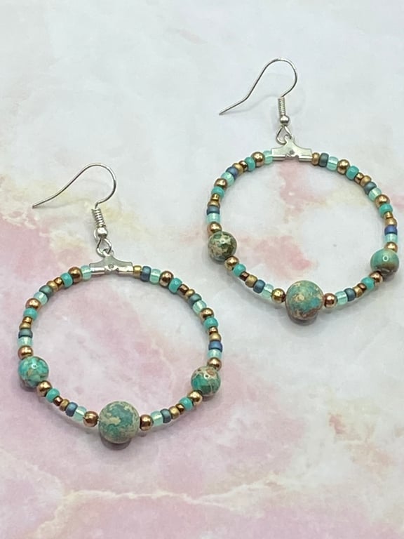 Seed beaded hoop earrings with blue terra jasper stones