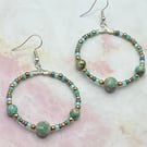 Seed beaded hoop earrings with blue terra jasper stones