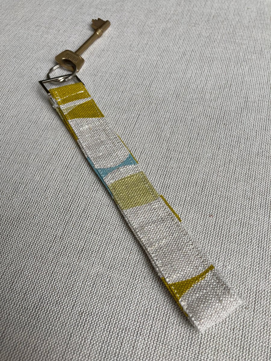 Perfectly Imperfect - Linen fabric Key ring - Key loop. Ochre, blue