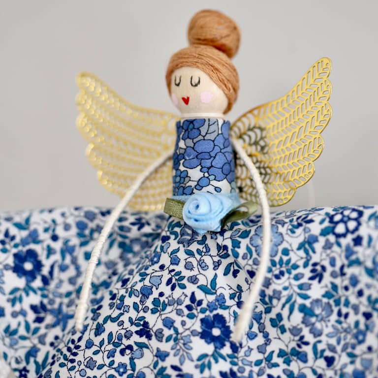 Liberty London 'Katie & Millie' Fabric Handmade Peg Doll (light brown hair)