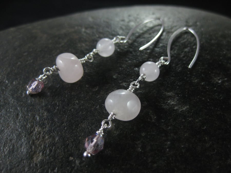 Sterling silver and pink rose quartz earrings