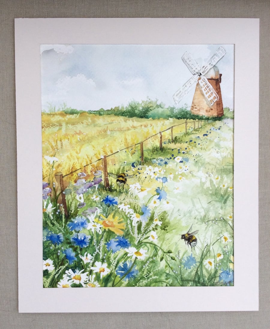 Original watercolour painting of windmill and meadow