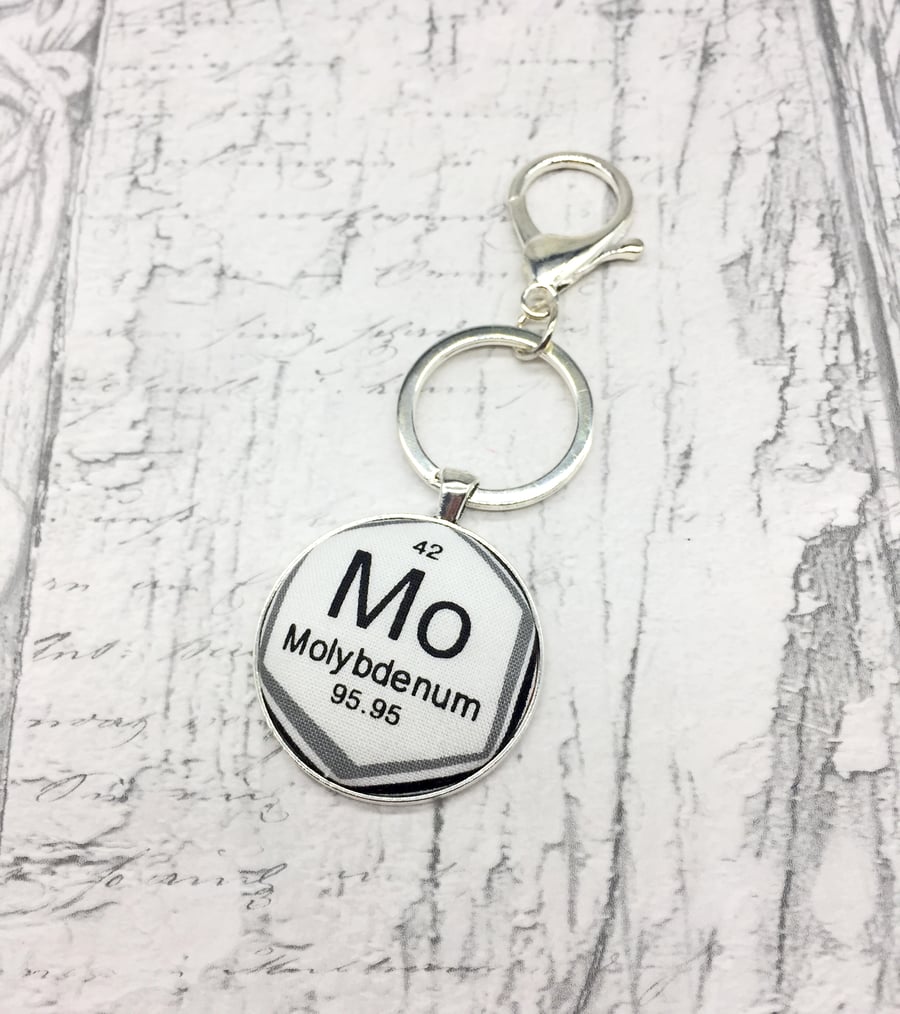Molybdenum chemical element keyring or bag charm Science geek periodic table