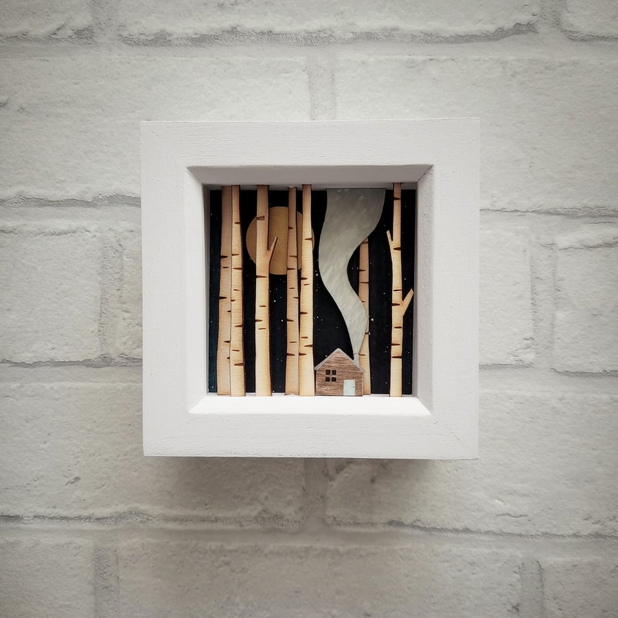 Cabin in the Woods Picture, Miniature Diorama, Folk Art Shadow Box, Wooden Cabin