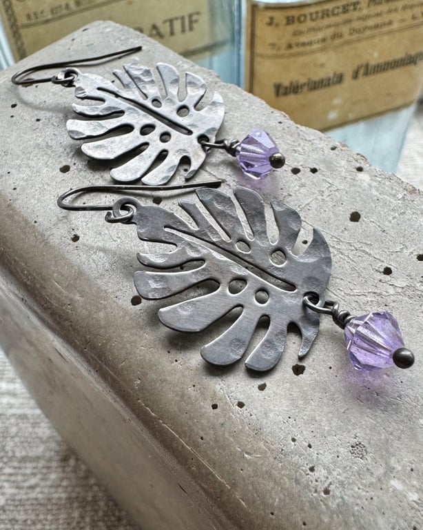 Vintage Monstera Leaf Earrings with Lilac Crystals