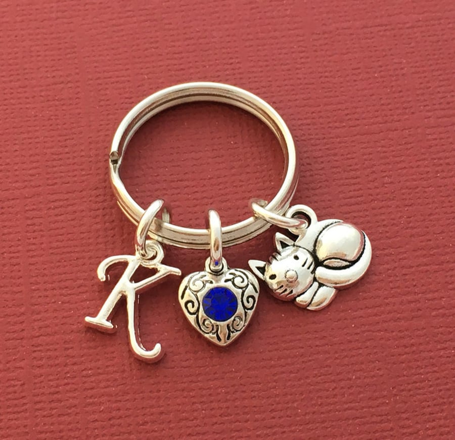 Cute Silver Cat Personalised Keyring