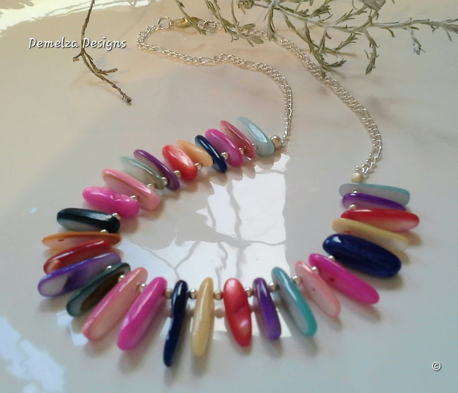 Multicoloured Dyed Mother of Pearl Silver Plated Necklace  (HELP A CHARITY)