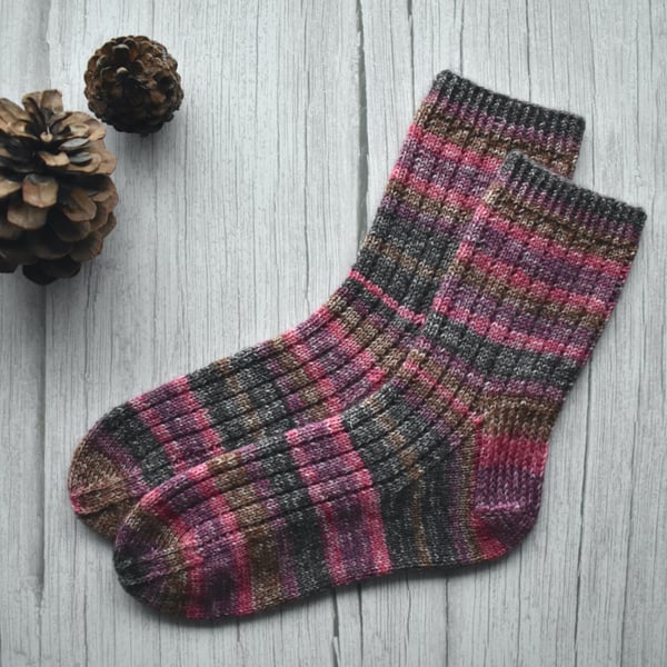 Knit socks, wool thin socks. Pink, grey, beige mismatch socks, soft and warm.