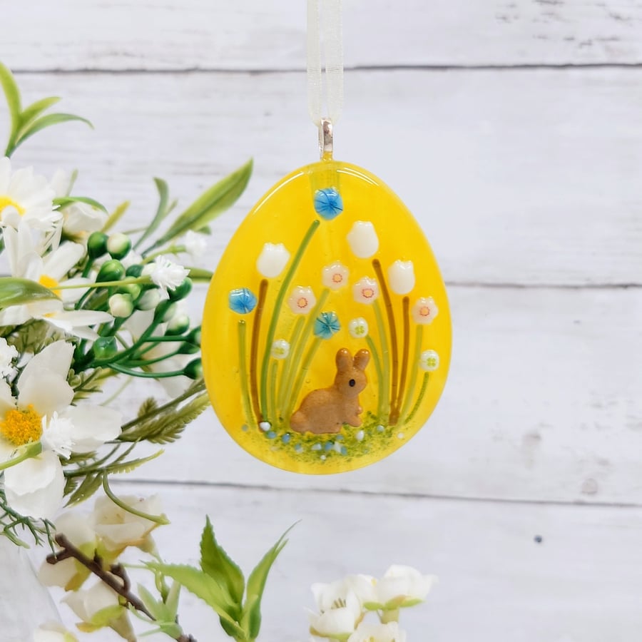 Fused Glass Easter Hanging Decoration: Handmade Easter Egg With Easter Bunny