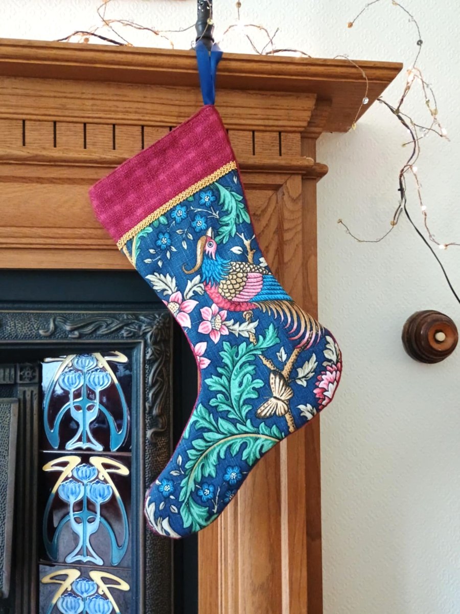 Luxury Christmas Stocking - Blue Bird of Paradise - upcycled and vintage fabrics