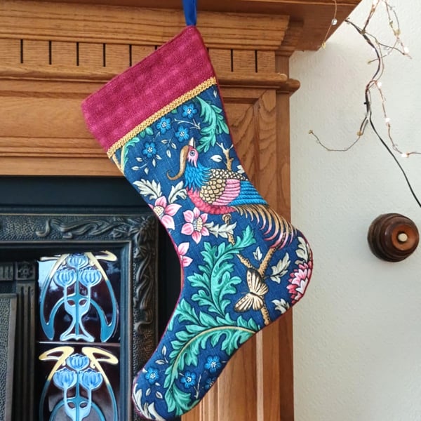Luxury Christmas Stocking - Blue Bird of Paradise - upcycled and vintage fabrics