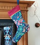 Luxury Christmas Stocking - Blue Bird of Paradise - upcycled and vintage fabrics - Image 1