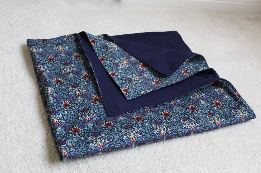 Handmade Lined Baby Blanket, Navy William Morris Botanical Print, 100cm square