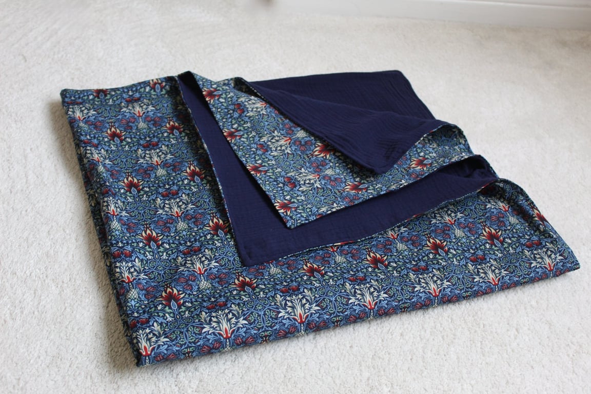 Handmade Lined Baby Blanket, Navy William Morris Botanical Print, 100cm square