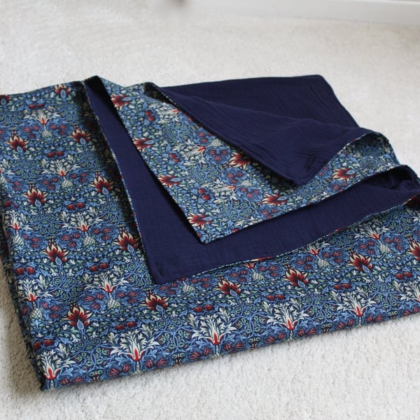 Handmade Lined Baby Blanket, Navy William Morris Botanical Print, 100cm square