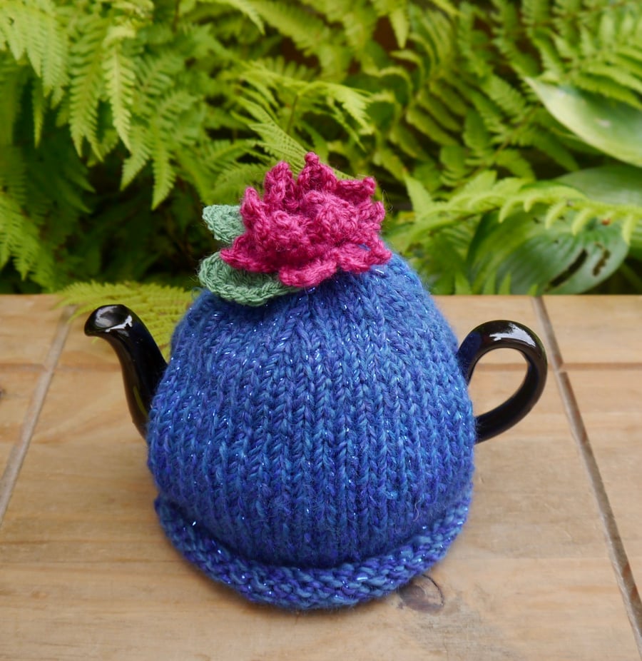 Small Lily Tea Cosy, Sparkly One Cup Tea Cosy with Pink Water Lily Flower