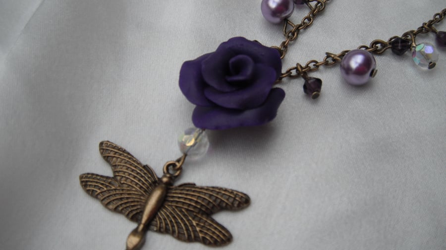 NEW!  Purple Rose Dragonfly Necklace
