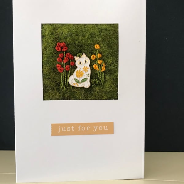 Blank card-embroidery-cat charm-needle felted-handcrafted greetings card