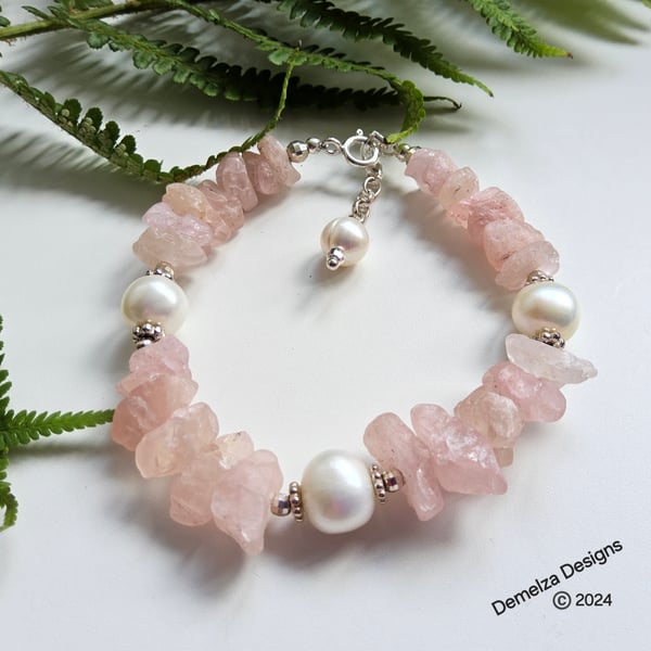 Natural Untreated Raw Morganite & Freshwater Culture Pearl 925 Bracelet 