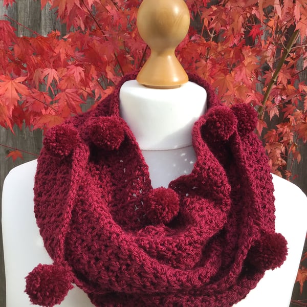 Infinity scarf in acrylic & Merino wool. Colour Rich burgundy with Pom poms