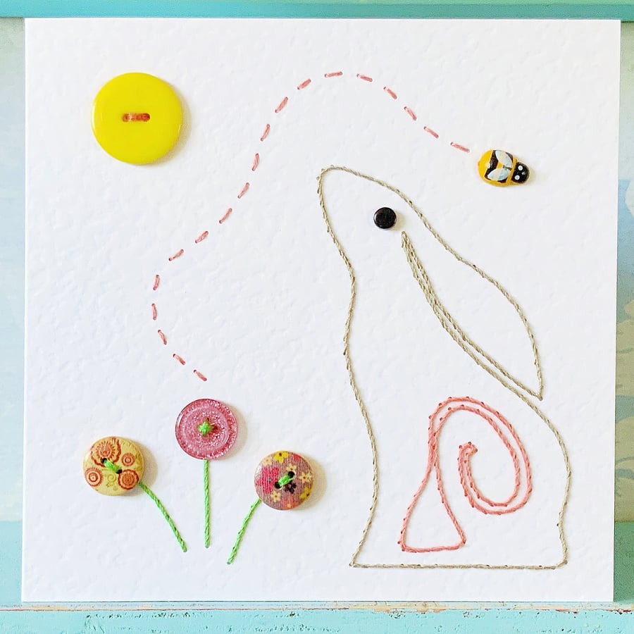 Hand Sewn Card. Rabbit Card. Hare Card. Stitched Card. Embroidered Card.