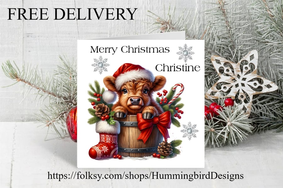 Personalized Cute Highland Cow Christmas Card. Design 2. Free Postage