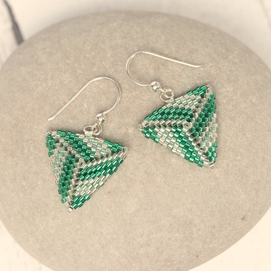 Tri Colour Flat Triangle Beaded Earrings in Green