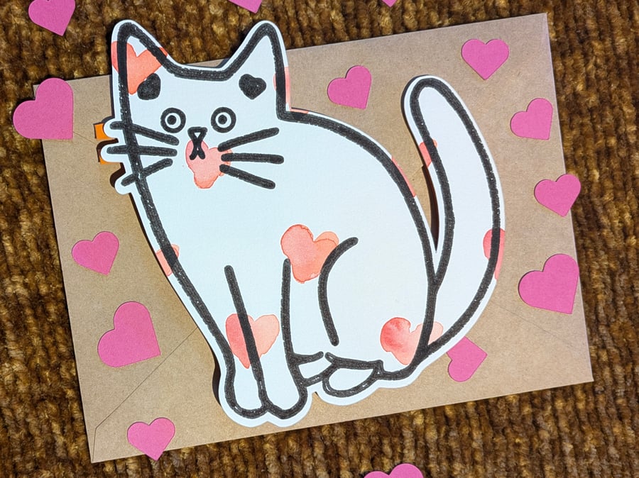 Valentines card cat hand painted watercolour shaped greeting card love hearts 2