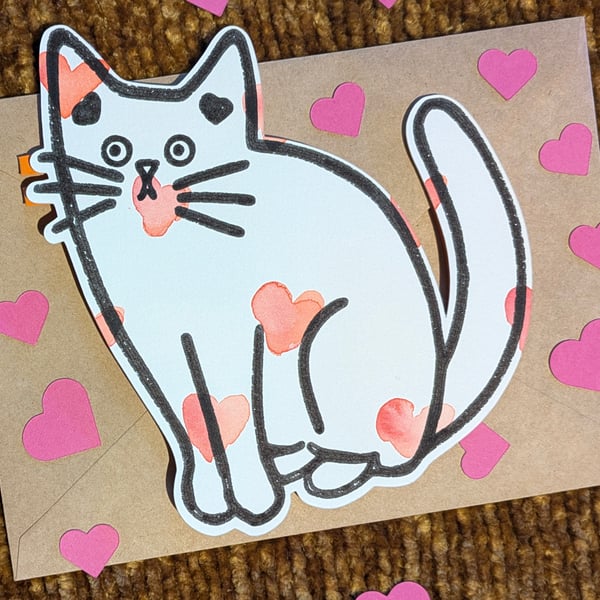 Valentines card cat hand painted watercolour shaped greeting card love hearts 2