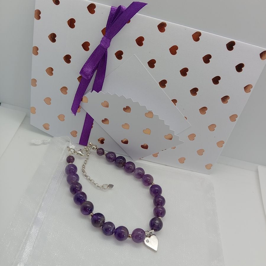 Amethyst heart charm bracelet sterling silver