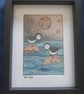Quirky art, original art, paper art. Coastal picture of two puffins under moon - Image 2