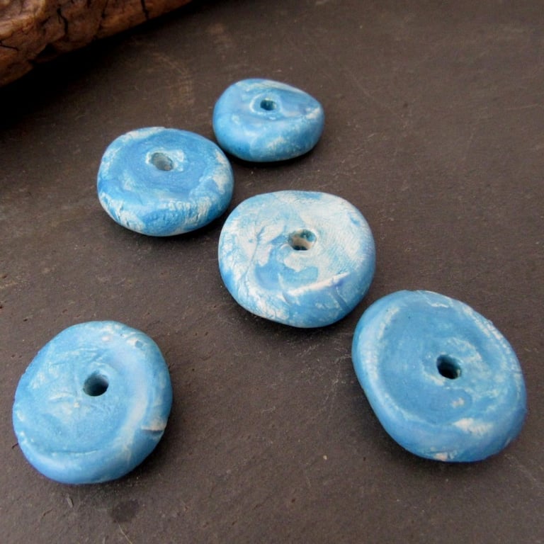 5 Medium Bright Blue Glazed Chubby Disc Clay Beads