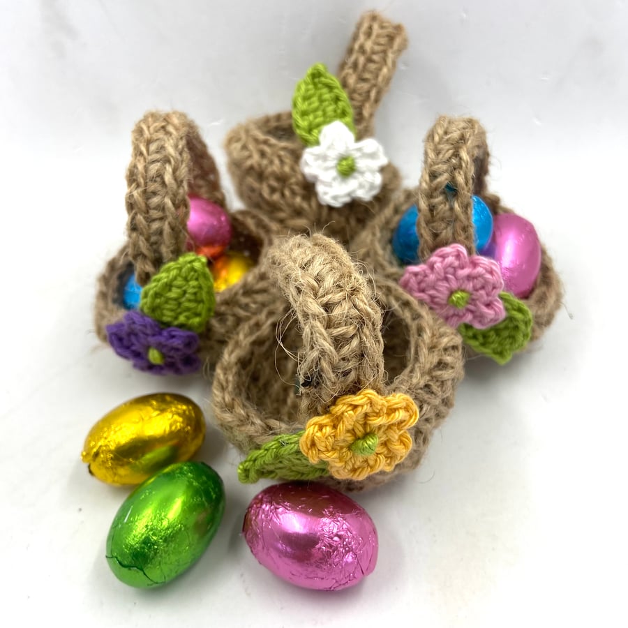 Three Crochet Jute Mini Egg Baskets 