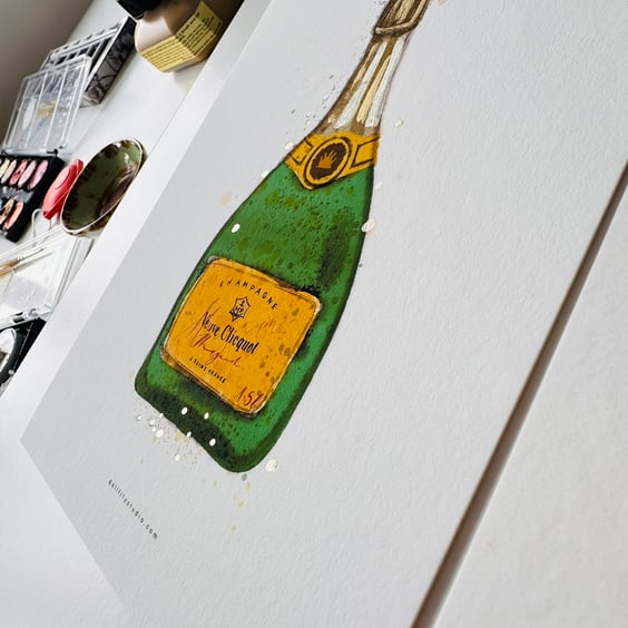 Hand Finished Watercolour Art Print - Veuve Champagne Green