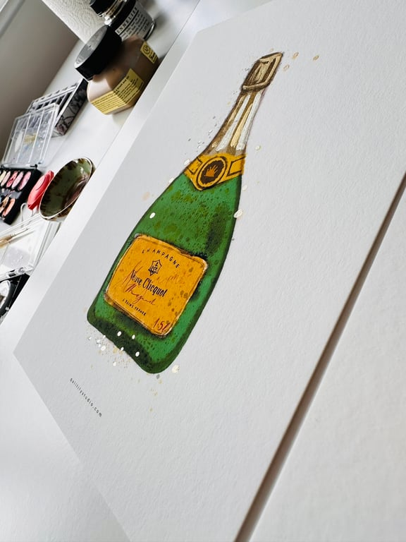 Hand Finished Watercolour Art Print - Veuve Champagne Green