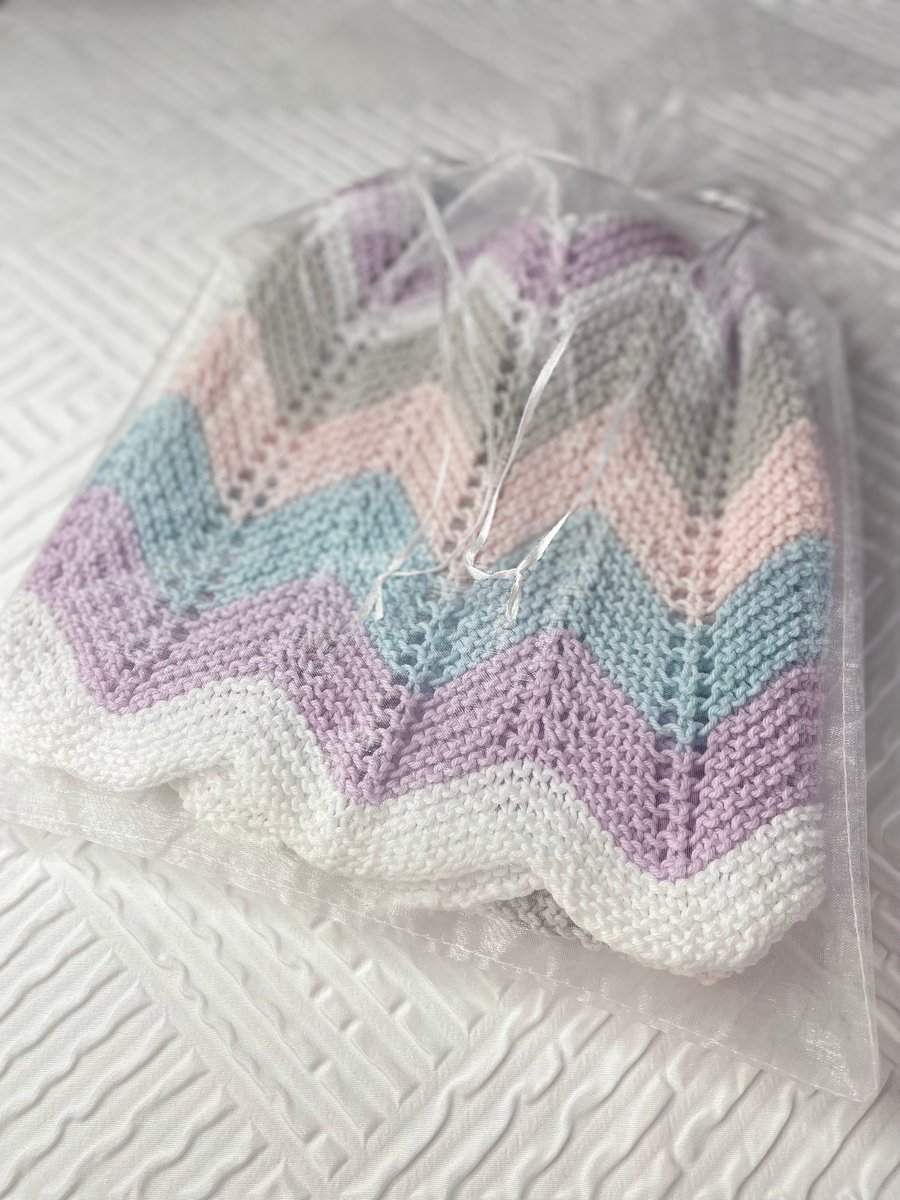Pastels and white striped baby blanket, hand knitted in 100% cotton 